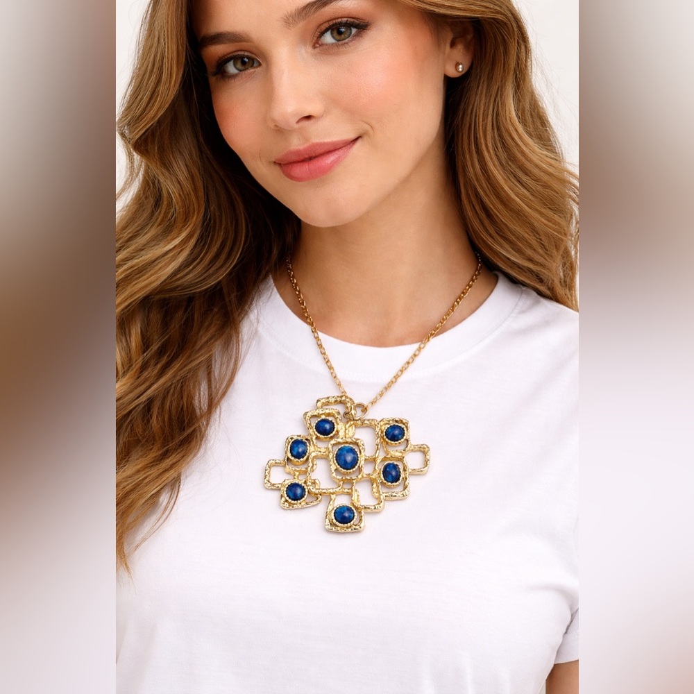 Sarah Coventry Vintage Gold and Blue Geometric Pendant